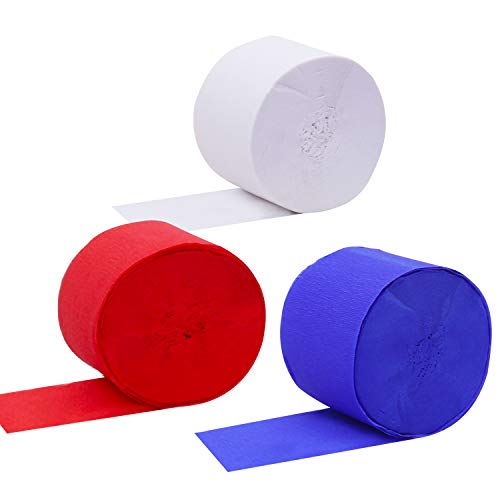 Papel Crepe (Pack de 6) - 22mx4,35cm Rojo, Blanco, Azul Papel Pinocho Papel Crepe - 2 Rollos de cada Color para Flores Pompones, Manualidades, Cumpleaños, Bodas, Fiestas, Baby Showers