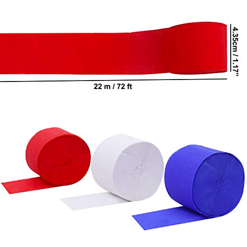 Papel Crepe (Pack de 6) - 22mx4,35cm Rojo, Blanco, Azul Papel Pinocho Papel Crepe - 2 Rollos de cada Color para Flores Pompones, Manualidades, Cumpleaños, Bodas, Fiestas, Baby Showers
