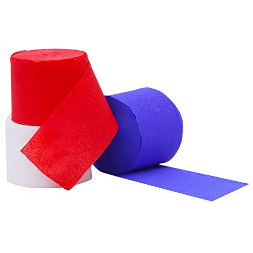 Papel Crepe (Pack de 6) - 22mx4,35cm Rojo, Blanco, Azul Papel Pinocho Papel Crepe - 2 Rollos de cada Color para Flores Pompones, Manualidades, Cumpleaños, Bodas, Fiestas, Baby Showers