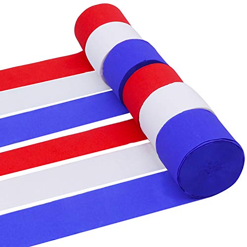 Papel Crepe (Pack de 6) - 22mx4,35cm Rojo, Blanco, Azul Papel Pinocho Papel Crepe - 2 Rollos de cada Color para Flores Pompones, Manualidades, Cumpleaños, Bodas, Fiestas, Baby Showers