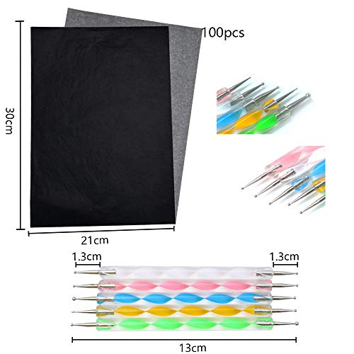Papel de Transferencia de Carbón A4 100 Hojas Papel de Calco Copia con 5 Plumas de Sangría Se Utiliza en la Superficie de la Mayoría de los Objetos Madera Metal Textiles Vidrio Papel