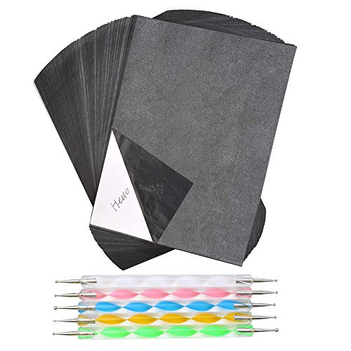Papel de Transferencia de Carbón A4 100 Hojas Papel de Calco Copia con 5 Plumas de Sangría Se Utiliza en la Superficie de la Mayoría de los Objetos Madera Metal Textiles Vidrio Papel