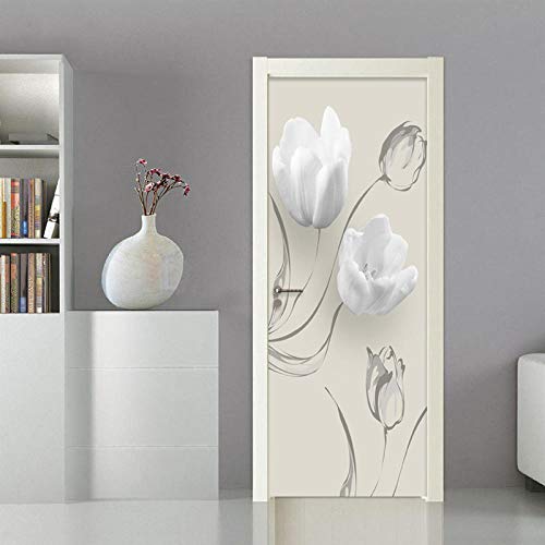 Papel Pintado de Puertas 3D Autoadhesivo Impermeable Vinilos Puertas Pegatinas Para Decorativos Para la Puertas interior del Dormitorio Murales,flor blanca 77 X 200 CM