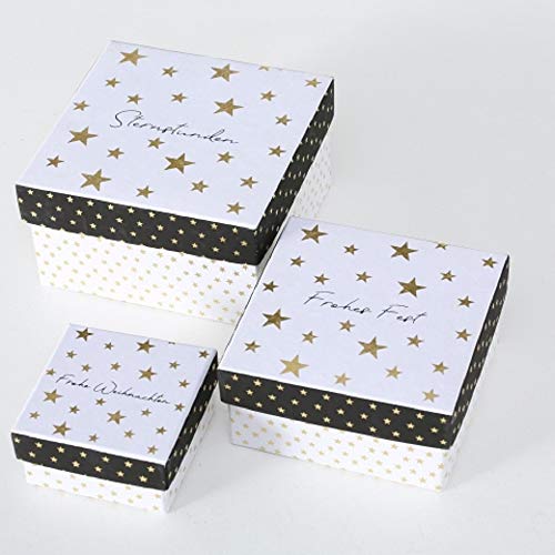 Paper Collection Hogar Muebles Accesorios Decorativos Organización Juego de 3 Cajas Cuadradas de Cartón Diversas Dimensiones Motivo Estrellas Frases Navideñas en Alemán
