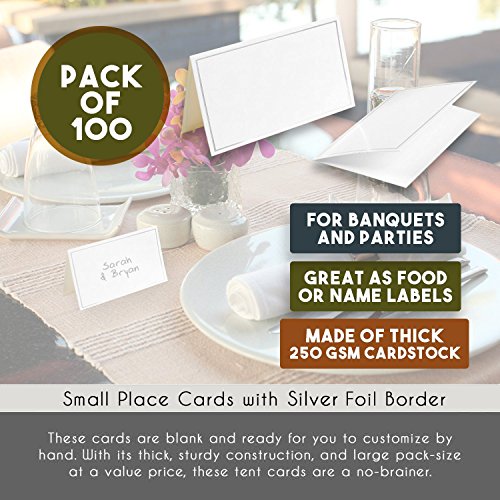 Paquete de 100 tarjetas de lugar – pequeñas tarjetas de tienda de campaña, paneles de mesa plegables con borde de lámina plateada, ideal para bodas, banquetes, eventos, 5 x 8,9 cm