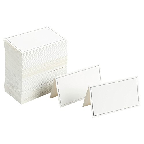 Paquete de 100 tarjetas de lugar – pequeñas tarjetas de tienda de campaña, paneles de mesa plegables con borde de lámina plateada, ideal para bodas, banquetes, eventos, 5 x 8,9 cm