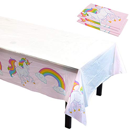 Paquete de 3 manteles rectangulares desechables de plástico para cumpleaños, decoración de mesa en color rosa y blanco, 137 x 274 cm