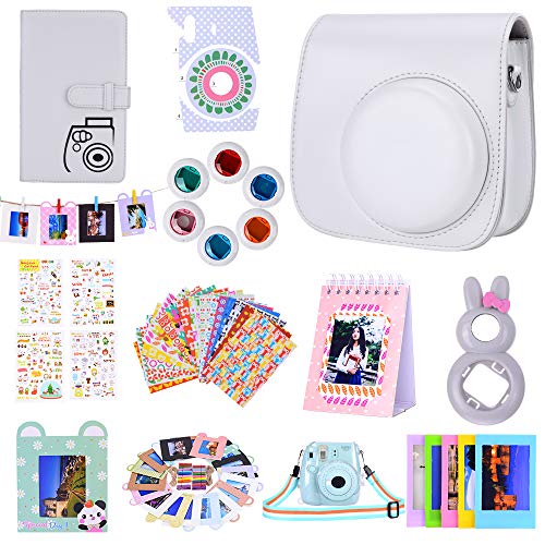 Paquete de Accesorios para cámara Bsuuy Instax Mini 9 para FujiFilm Instax Mini 9 8 8+ con Estuche Mini 9 / álbum/Lente Selfie/filtros/Pegatina de Camara (12 en 1 Blanco Ahumado)