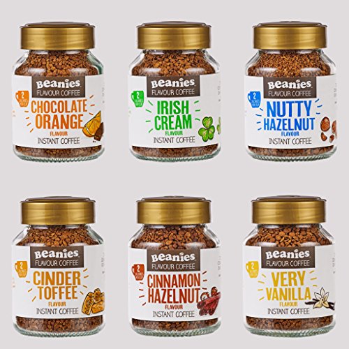 Paquete de variedad de café instantáneo con sabor a frijoles (6 botes de 50 gramos): naranja chocolate, crema irlandesa, avellana, café de ceniza, canela, muy vainilla
