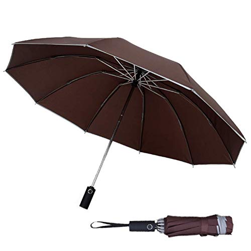 Paraguas Compacto Plegable, Antiviento Paraguas Invertido Prueba de Viento 10 Varillas Estable Resistente Impermeable para Hombres y Mujeres (Marrón)
