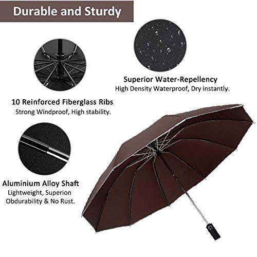 Paraguas Compacto Plegable, Antiviento Paraguas Invertido Prueba de Viento 10 Varillas Estable Resistente Impermeable para Hombres y Mujeres (Marrón)
