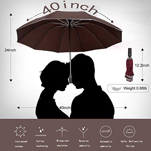 Paraguas Compacto Plegable, Antiviento Paraguas Invertido Prueba de Viento 10 Varillas Estable Resistente Impermeable para Hombres y Mujeres (Marrón)