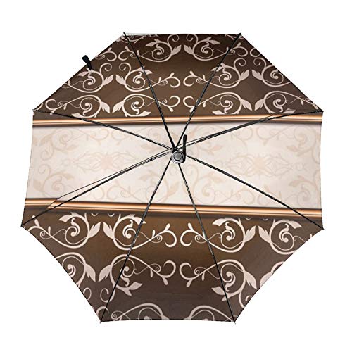 Paraguas plegable de viaje, elegante marrón y caqui damasco mármol automático TRIF-Old paraguas a prueba de viento para mujeres con protección UV abierto y cierre automático