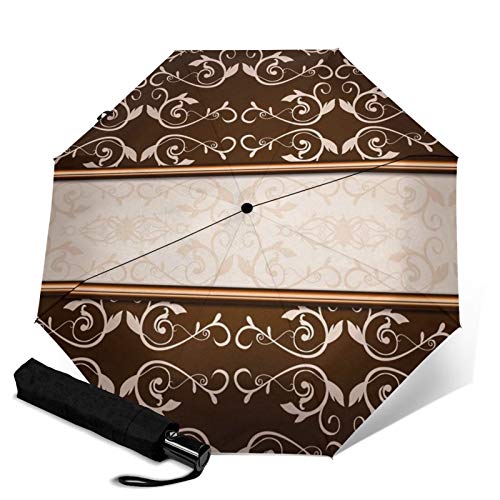 Paraguas plegable de viaje, elegante marrón y caqui damasco mármol automático TRIF-Old paraguas a prueba de viento para mujeres con protección UV abierto y cierre automático