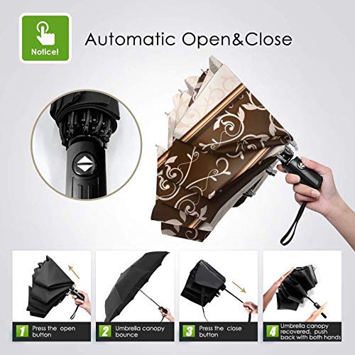 Paraguas plegable de viaje, elegante marrón y caqui damasco mármol automático TRIF-Old paraguas a prueba de viento para mujeres con protección UV abierto y cierre automático