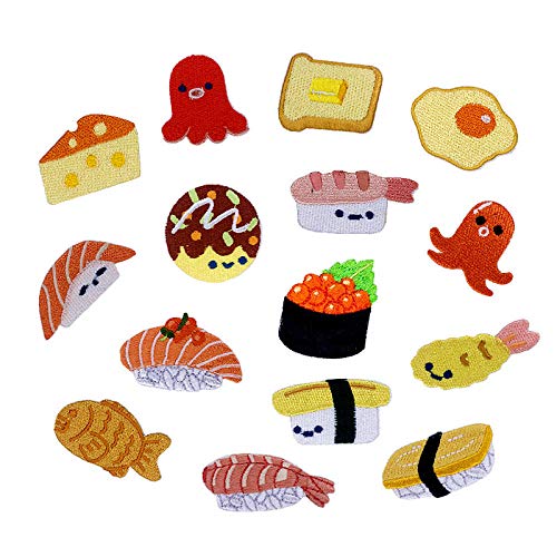 Parche Bordado Donut Salmon Sushi Pequeño Pulpo Alimentos Bordados Miel Melocotón Parches Para Ropa Hierro Ropa Para Niños Apliques Insignia 15 Piezas