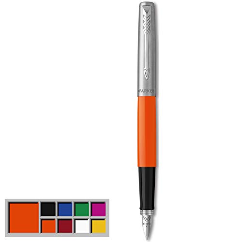 Parker Jotter Originals Pluma Estilográfica, Acabado Naranja Clásico, Plumín Mediano, Tinta Negra Y Azul