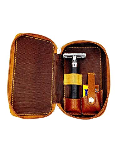 Parker Safety Razor Cuero auténtico seguridad de dos filos de afeitar con cremallera caso del recorrido con compartimento para las cuchillas también - De una silla marrón