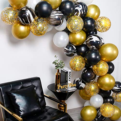 PartyWoo Globos 70 Piezas Látex Globos de Helio Globos Perlados Globos Confetis Globos de Color Cromo para Cumpleaños Decoración Fiesta Aniversario Bodas de Oro Fiesta - Oro & Blanco & Negro & Mármol