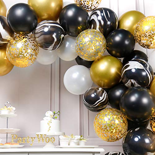 PartyWoo Globos 70 Piezas Látex Globos de Helio Globos Perlados Globos Confetis Globos de Color Cromo para Cumpleaños Decoración Fiesta Aniversario Bodas de Oro Fiesta - Oro & Blanco & Negro & Mármol