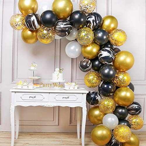 PartyWoo Globos 70 Piezas Látex Globos de Helio Globos Perlados Globos Confetis Globos de Color Cromo para Cumpleaños Decoración Fiesta Aniversario Bodas de Oro Fiesta - Oro & Blanco & Negro & Mármol