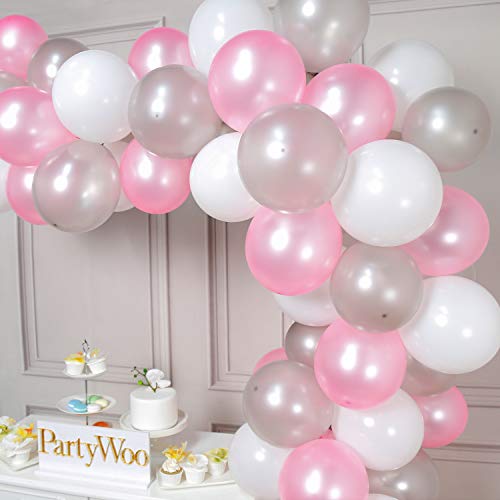PartyWoo Globos Rosas y Blancos, 100 Piezas de 12 Pulgadas Globos Blancos y Rosas Paquete de Globos Plateados Globos Rosas y Globos Blancos para Decoracion Cumpleaños Niña, Bautizo, Baby Shower Niña