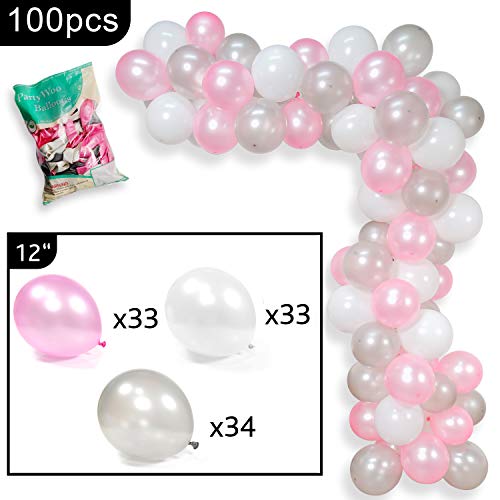 PartyWoo Globos Rosas y Blancos, 100 Piezas de 12 Pulgadas Globos Blancos y Rosas Paquete de Globos Plateados Globos Rosas y Globos Blancos para Decoracion Cumpleaños Niña, Bautizo, Baby Shower Niña