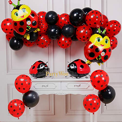 PartyWoo Ladybug Fiesta Globos, Globos Ladybug 39 Piezas Globos Rojos Globos Lunares Globos Negros y Globos Aluminio Globos Caminar para Ladybug Fiesta, Fiesta Cumpleaños, Bautismo Niña