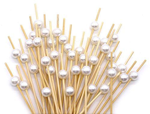 PartyWoo Palillos Para Cócteles Decoración de Pastel Tartas Hecho a Mano Palillos Madera 100 Piezas para Cóctel Compleaños Fiesta y Boda Decoración - Perla