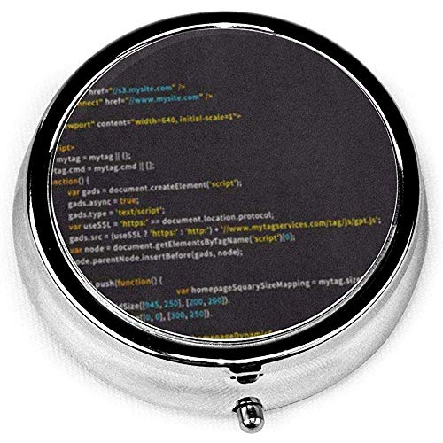 Pastillero redondo con 3 compartimentos; Pantalla de cuadro de píldoras de viaje Código HTML simple Etiquetas coloridas en la vista del navegador en programa oscuro PHP