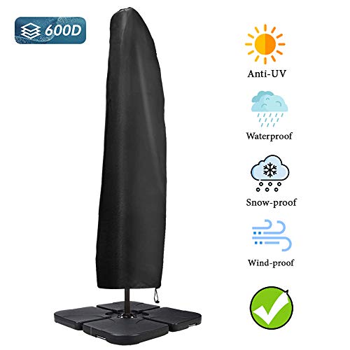PATIO PLUS - Funda para sombrilla para exterior (265 x 40/70/50 cm, impermeable, 600D, revestimiento de PVC con cremallera, ajuste a sombrillas de 6 a 4 m, color negro