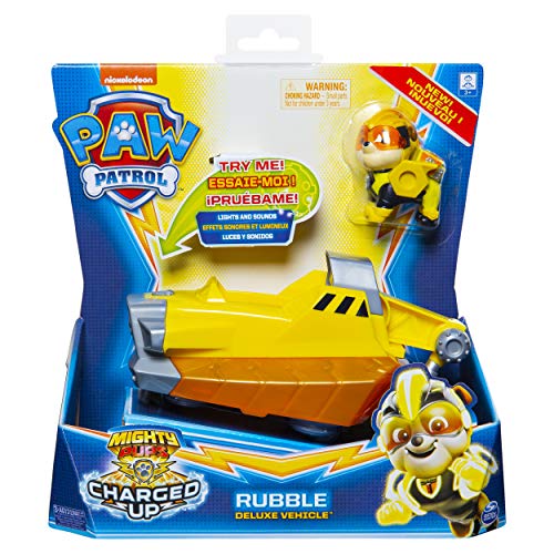 PAW PATROL Rubble’s Deluxe Vehicle with Lights and Sounds Vehículo Mighty Pups Charged Up Rubble con Luces y Sonidos, Multicolor (Spin Master 6056874)