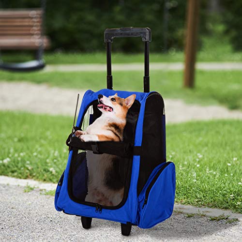 PawHut Transportin Carrito Perro 2 en 1 Mochila Carrito 36x30x49 cm Mascotas Perro Gato Azul