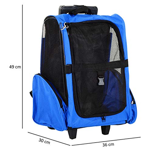 PawHut Transportin Carrito Perro 2 en 1 Mochila Carrito 36x30x49 cm Mascotas Perro Gato Azul