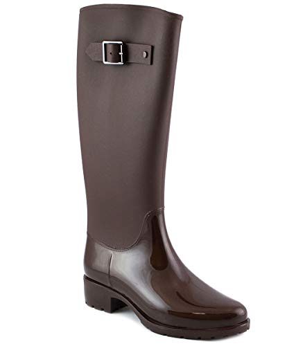 PAYMA - Botas de Agua de Mujer Impermeables. Acabado Brillo y Mate con Hebilla Lateral de Adorno y Cierre de Cremallera. Negro y Marrón