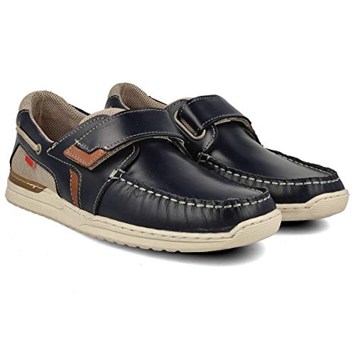 PAYMA - Zapatos Casual Hombre de Piel. Náuticos Deportivos. Plantilla e Interior Acolchado. Piso de Goma. Cierre Cordones o Velcro. Marrón y Azul Marino. Tallas Grandes