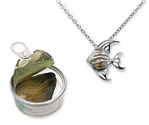 Pearlina Collar de Peces Deseos cultivados Conjunto de ostras Perlas Jaula chapada en Tono Plateado con Cadena de Acero Inoxidable para niñas 18"