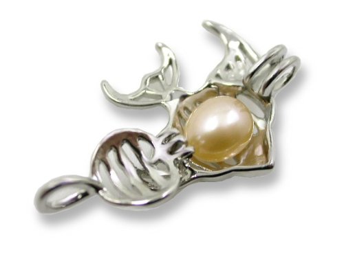 Pearlina Collar de Peces Deseos cultivados Conjunto de ostras Perlas Jaula chapada en Tono Plateado con Cadena de Acero Inoxidable para niñas 18"