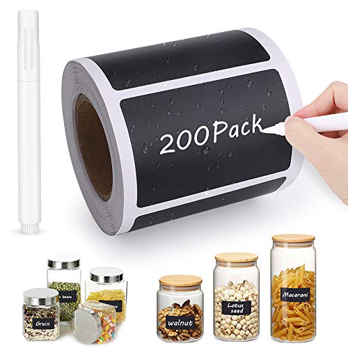Pegatina de Pizarra, hicoosee Marcadores Adhesivos Pegatina Reutilizable con 1 Tiza Blanco Marcador, Borrable Pizarra Extraíble Borrable para Decorar Tarros,Vino,Despensa,Hogar y Oficina 200 Piezas