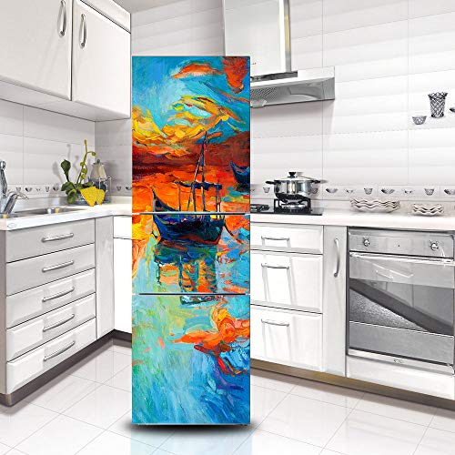 Pegatinas de pared 3D Pintura Al Óleo Paisaje Autoadhesivo Vinilo Nevera Pegatinas Cubierta Mural Etiqueta de La Puerta del refrigerador Cocina Decoración para el hogar 60x180 cm