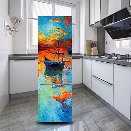 Pegatinas de pared 3D Pintura Al Óleo Paisaje Autoadhesivo Vinilo Nevera Pegatinas Cubierta Mural Etiqueta de La Puerta del refrigerador Cocina Decoración para el hogar 60x180 cm