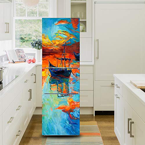 Pegatinas de pared 3D Pintura Al Óleo Paisaje Autoadhesivo Vinilo Nevera Pegatinas Cubierta Mural Etiqueta de La Puerta del refrigerador Cocina Decoración para el hogar 60x180 cm