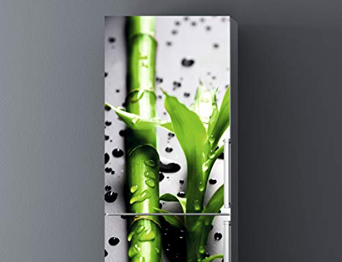 Pegatinas Vinilo para Frigorífico Rama bambú Gotas Agua | Varias Medidas 185 x 60 cm | Adhesivo Resistente y de Fácil Aplicación | Pegatina Adhesiva Decorativa de Diseño Elegante