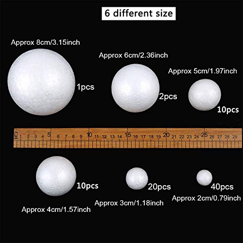Pelotas de espuma para manualidades, bebester, 83 piezas de bolas de poliestireno para manualidades, bolas de espuma blancas, 6 tamaños, para manualidades, decoración de bodas, modelado de ciencias