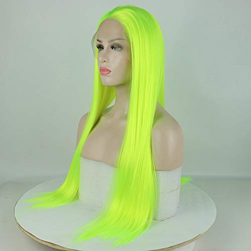 Peluca de encaje sintético fluorescente verde azul pájaro frontal de seda larga recta amarillo brillante verde peluca con parte libre de fibra de alta temperatura con pelo de bebé para mujeres