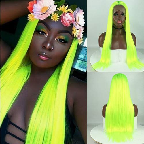 Peluca de encaje sintético fluorescente verde azul pájaro frontal de seda larga recta amarillo brillante verde peluca con parte libre de fibra de alta temperatura con pelo de bebé para mujeres