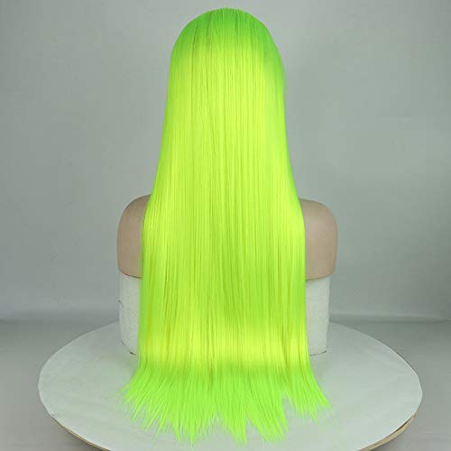 Peluca de encaje sintético fluorescente verde azul pájaro frontal de seda larga recta amarillo brillante verde peluca con parte libre de fibra de alta temperatura con pelo de bebé para mujeres