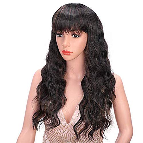 Pelucas sintéticas rizadas sueltas largas Pelucas marrones mixtas con flequillo Cabello ondulado natural resistente al calor 24 pulgadas