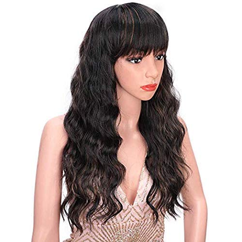 Pelucas sintéticas rizadas sueltas largas Pelucas marrones mixtas con flequillo Cabello ondulado natural resistente al calor 24 pulgadas