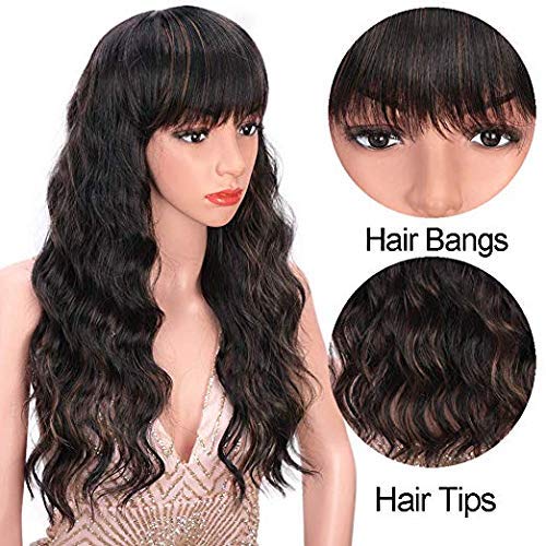 Pelucas sintéticas rizadas sueltas largas Pelucas marrones mixtas con flequillo Cabello ondulado natural resistente al calor 24 pulgadas
